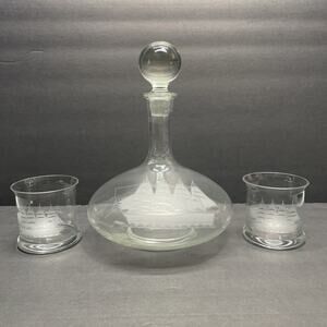 Glass Decanter & 2 Rocks Glasses w/Etched Sailing Ship Frosted White Nautical